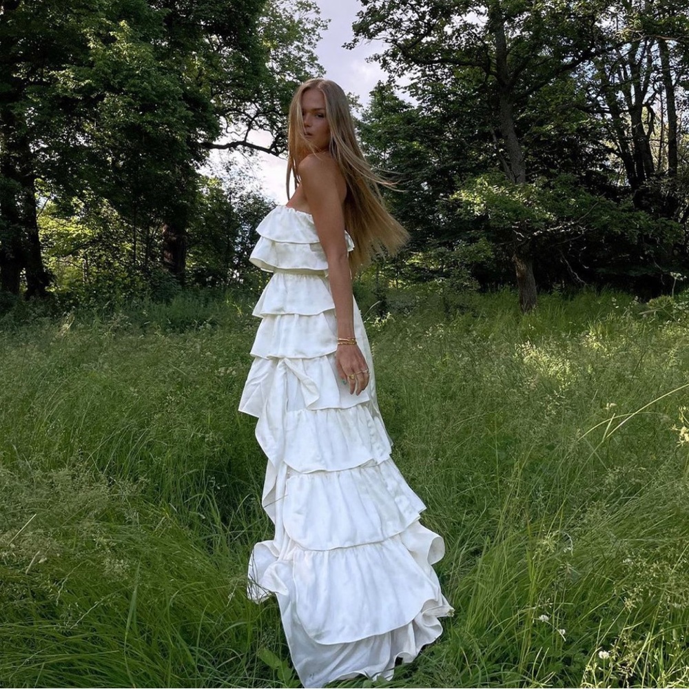 WeWoreWhat Tiered Satin Ruffle High Low Dress